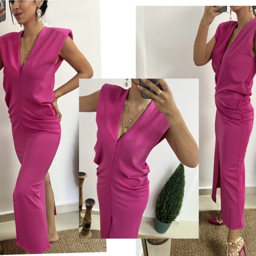 Zara fuchsia pink midi slit dress size S - Picture 5 of 16